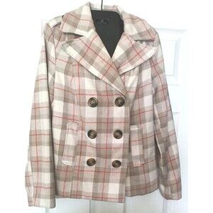 Old Navy Wool Blend Peacoat Plaid Jacket Size Medium Beige Red  Double Breasted